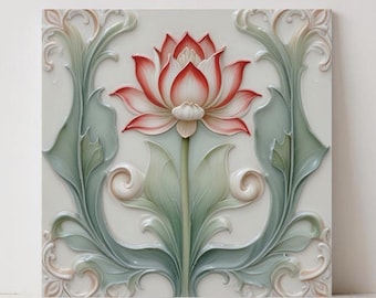 Azulejos de cerâmica Art Nouveau com flor de lótus - Conjunto de 2 para decoração de parede
