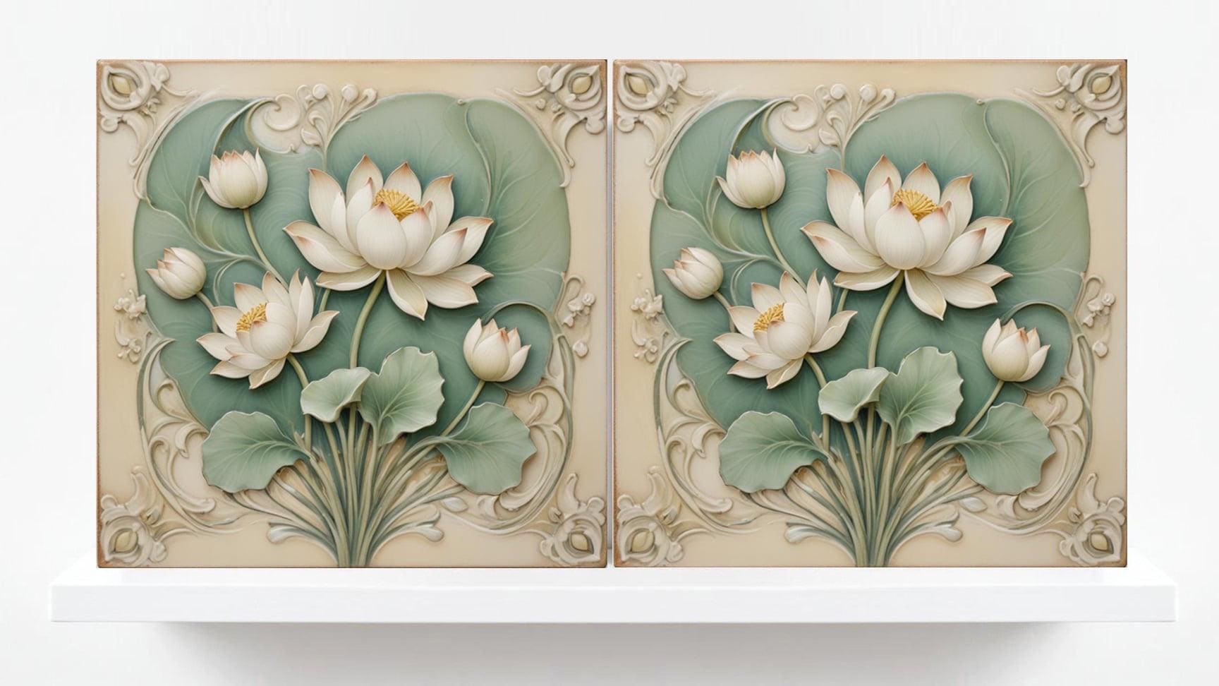 Lotus Tile Green Art Nouveau Flower Ceramic Tiles-Set of 2 Botanical Wall Decor Tiles - Kitchen Backsplash,Shower,Bathroom,Sink Splashback