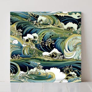 Piastrelle in ceramica Japanese Wave: decorazione per paraschizzi da cucina in stile costiero - Set di 2 pezzi di arte murale orientale