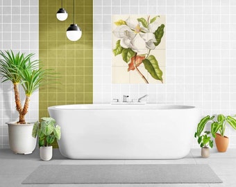 Mural de azulejos de magnolia: panel cerámico de arte mural con flores botánicas vintage