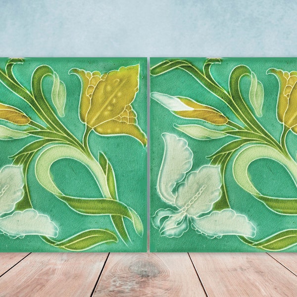 Art Nouveau Flower Ceramic tiles - Set of 2 Art Nouveau Wall Decor Tiles - Kitchen Backsplash Tiles, Table Decorative Tiles, Bathroom Tiles