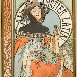 Tile Mural/Mosaic Ceramic Panel of Au Quartier Latin - Alphonse Mucha Prints - Vintage Art Nouveau Wall Art - Tile Mosaic - Tile Mural
