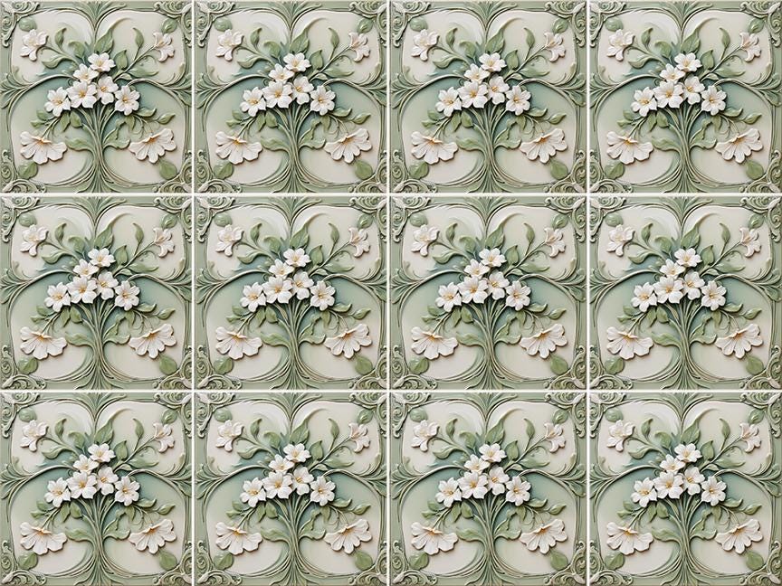 アールヌーボー ジャスミンの花のセラミックタイル、ヴィンテージ