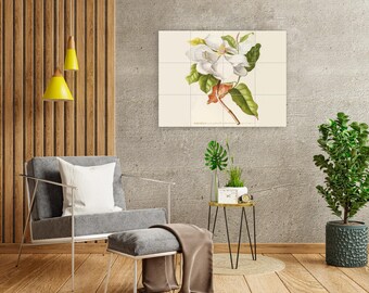 Mural de azulejos de magnolia: panel cerámico botánico vintage con flores.