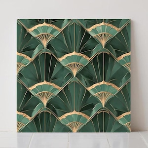 Azulejos cerámicos verdes estilo Art Déco con simetría geométrica para decoración de paredes de baño y salpicaderos de cocina.