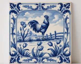 Delft Blue Rooster Ceramic Tile - Dutch Kitchen Bath Decor Countryside Wall Art Farmhouse Decor