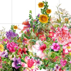 Watercolor Flower Tile Mural: Glossy Ceramic Garden Landscape