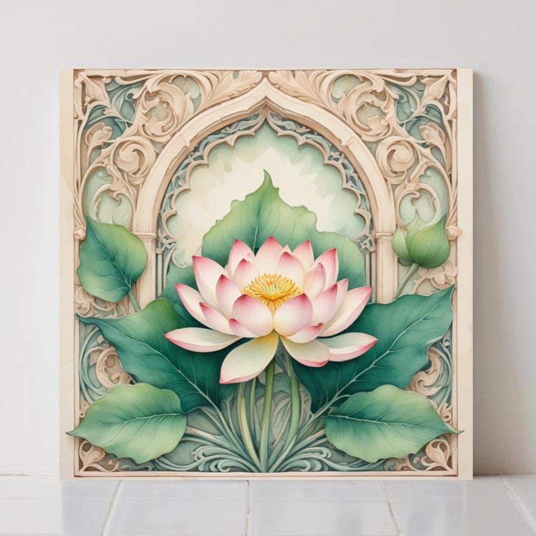 Art Nouveau Lotus Flower Ceramic Tile - Botanical Floral Bathroom Wall ...