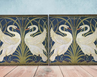 Art Nouveau Walter Crane Swan Ceramic tiles - Set of 2 Art Nouveau Bird Wall Decor Tiles - Kitchen Backsplash Tiles, Bathroom Tiles