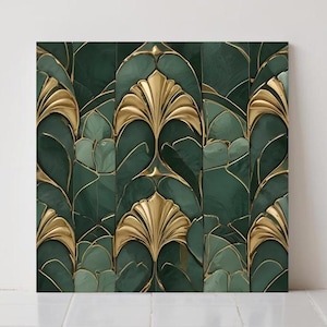 May include: A square wall panel with an Art Deco design. It features a repeating pattern of gold and green leaf motifs. The leaves are arranged in vertical columns, with gold accents outlining the shapes. The color palette is a rich combination of emerald green and gold.