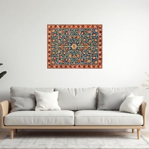 May include: A vintage style rug with a blue background and intricate floral patterns in shades of red, orange, and yellow. The rug has a red border with a repeating pattern.