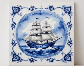 Delft Blue Ceramic Tile : Dutch Ship Design Wall Art Kitchen Backsplash Bathroom Decor