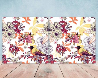 Birds and Flowers Ceramic Tiles: Kitchen Backsplash, Bath Home Decor Set of 2