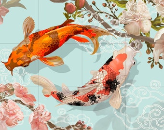 Tile Mural/Mosaic Ceramic Panel of a Japanse Koi Fish Japan Painting - Colourful Wall Nature Art - Tile Mural - Koi fish print - Tile Mosaic
