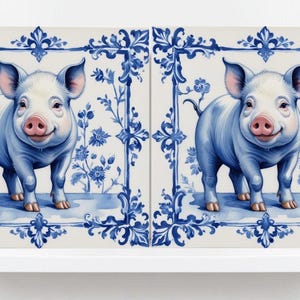 Delftsblauwe tegel dier-varkensprint-set van 2 keramische Delfts blauw tegels-Delfts prenten platteland muurkunst, achterwand keuken, wastafel, badkamer, douche