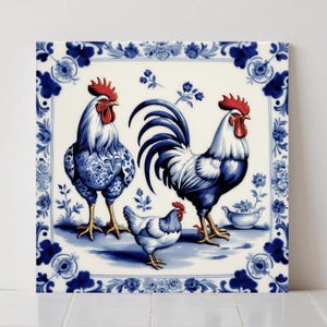 Delft Blue Rooster Ceramic Tile - Dutch Kitchen Bath Decor Countryside Wall Art