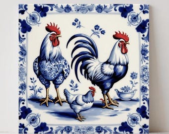 Delft Blue Rooster Ceramic Tile - Dutch Kitchen Bath Decor Countryside Wall Art