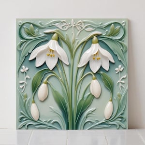 Snowdrop Flower Tile : Art Nouveau Green Ceramic Wall Decor image 1