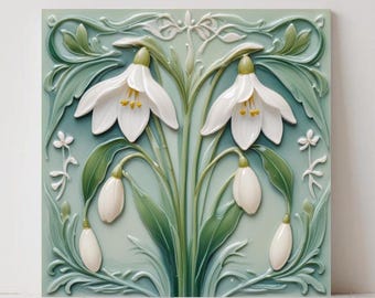 Snowdrop Flower Tile : Art Nouveau Green Ceramic Wall Decor