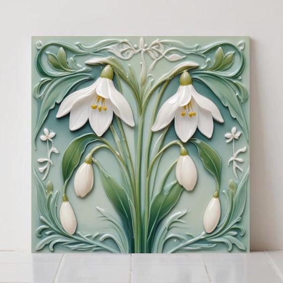 Snowdrop Flower Tile : Art Nouveau Green Ceramic Wall Decor