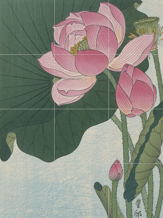 Lotus Flower Tile Mural: Japanese Wall Art, Koson Print - Etsy