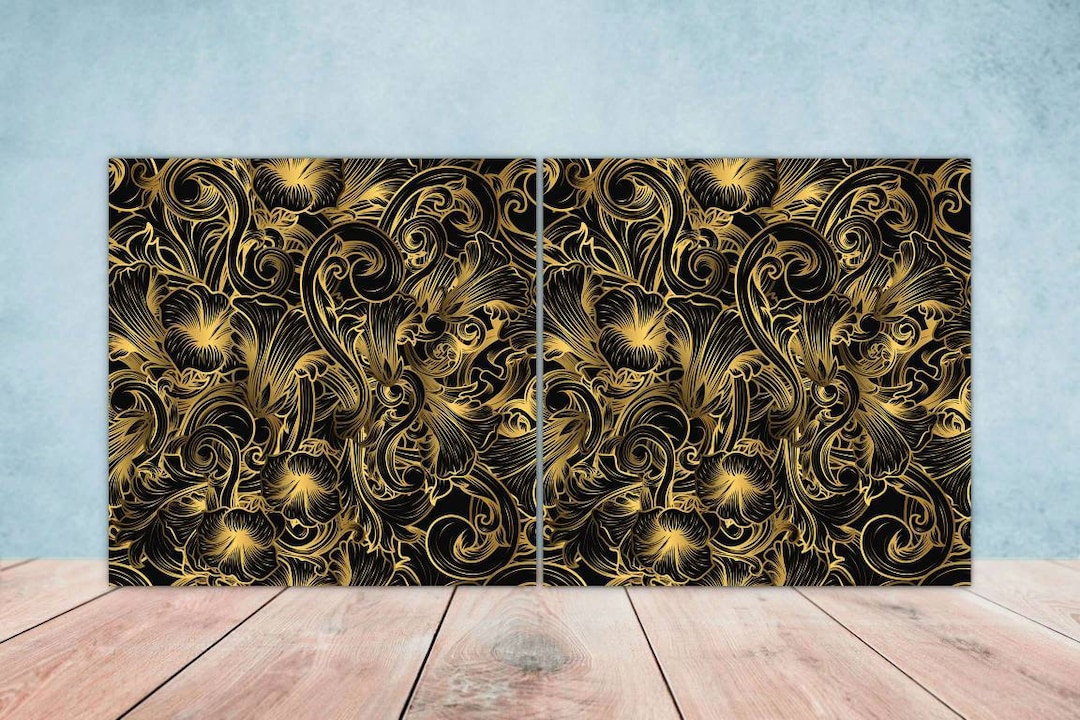 Black and Gold Tile Set of 2 Black and Gold Wall Decor Flower Tiles