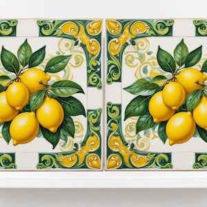 Italian Majolica Lemon Tiles - Set of 2 Mediterranean Wall Decor Fruit Tiles -Kitchen Backsplash,Bathroom,Shower ,Fireplace, Sink Splashback