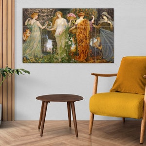 May include: A painting depicting five women in a woodland setting. The women are dressed in flowing robes and are holding flowers and wreaths. The painting is executed in a realistic style and features a high level of detail.