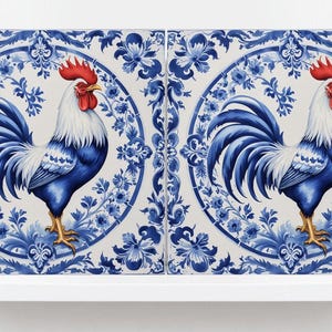 Rooster Tile-Delft Bird-Dutch Blue Ceramic Tile - Set of 2 Ceramic Delftware Tiles-Delft Prints-Kitchen Backsplash,Sink,Bathroom,Shower Wall