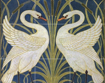 Tile Mural/Mosaic Ceramic Panel of Walter Crane Swan, Rush and Iris- Walter Crane wall art -Art Nouveau Tile Mural -Crane print -Tile Mosaic