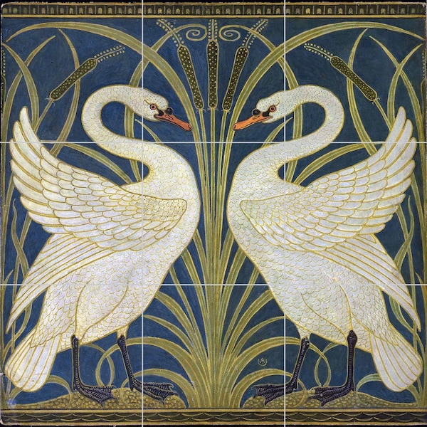 Tile Mural/Mosaic Ceramic Panel of Walter Crane Swan, Rush and Iris- Walter Crane wall art -Art Nouveau Tile Mural -Crane print -Tile Mosaic