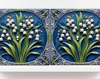 Art Nouveau Lily of the Valley Ceramic Tiles - Set of 2