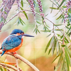 Tile Mural/Mosaic Ceramic Panel of  Kingfisher Bird and Flowers  - Kingfisher wall print - Tile Mural - Gloss Tiles - Tile Mosaic