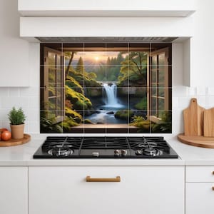 Mural de azulejos de cascada para ducha de baño: arte mural de cerámica con vista a la ventana del bosque para salpicadero de cocina