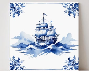 Delft Blue Tile - Holländisches Schiff, Aquarell Keramik Wandkunst