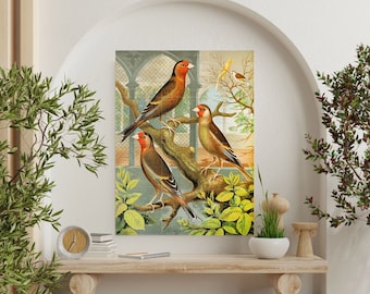 Vintage Bird Tile Mural: W A Blakston Goldfinch Canary Botanical Wall Art