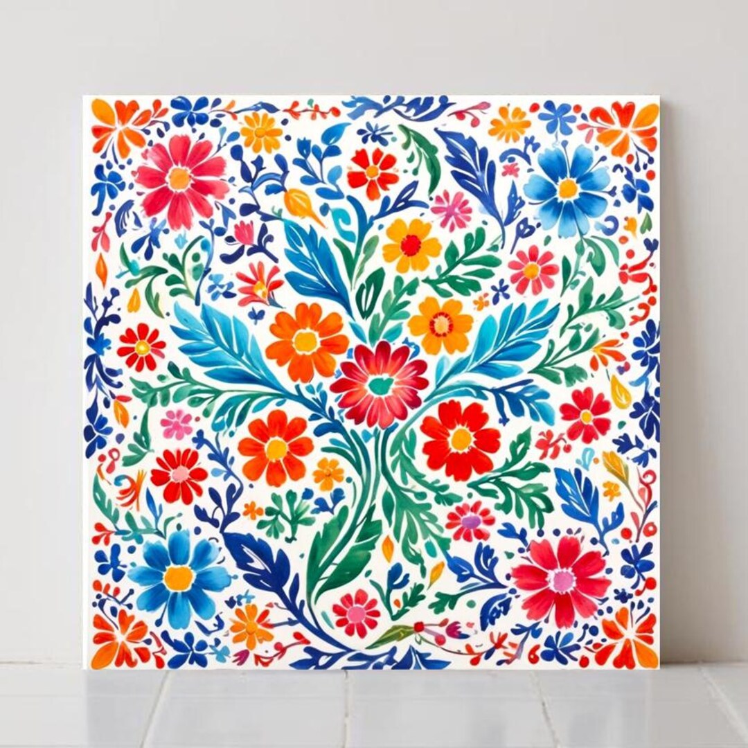 Mexican Ceramic Flower Tiles: Folk Art Wall Decor, Set of 2 - Etsy