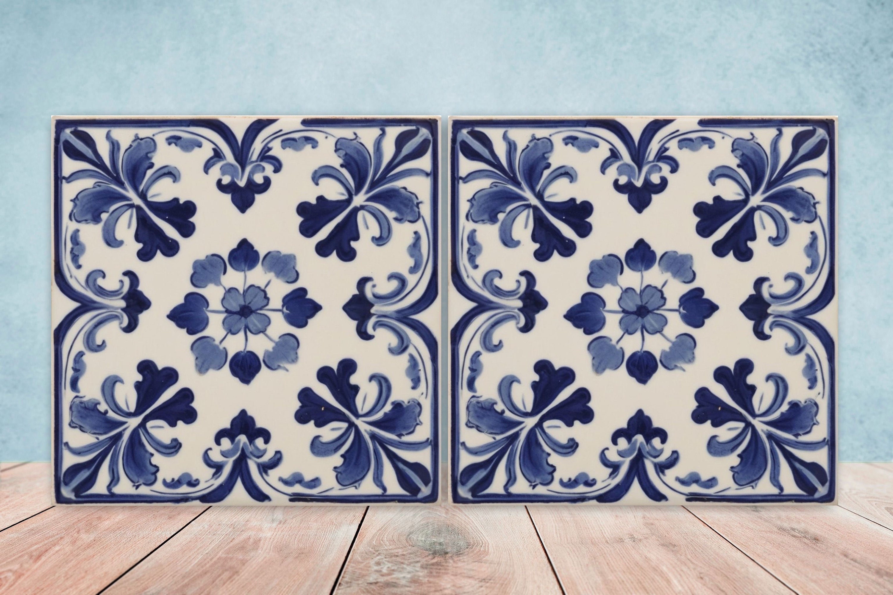 Spanish Ceramic Flower Tile, Mediterranean Floral Blue Wall Decor