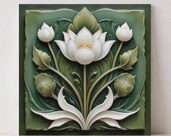 Conjunto de azulejos de lótus Art Nouveau: decoração de parede de cerâmica floral verde