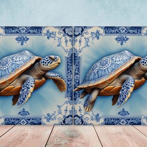 Delft Blue Turtle Ceramic Tiles - Set of 2 Ceramic Tiles - Turtle print  Kitchen Backsplash Tiles -Bathroom Tiles -Turtle ceramic tiles