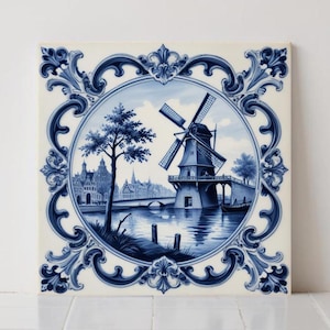 Piastrelle in ceramica con mulino a vento di Delft: paraschizzi da cucina olandese, decorazione da parete per il bagno