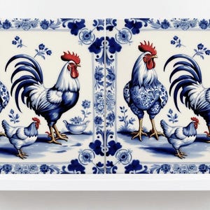 Rooster Tile-Delft Bird-Dutch Blue Ceramic Tile - Set of 2 Ceramic Delftware Tiles-Delft Prints-Kitchen Backsplash,Sink,Bathroom,Shower Wall