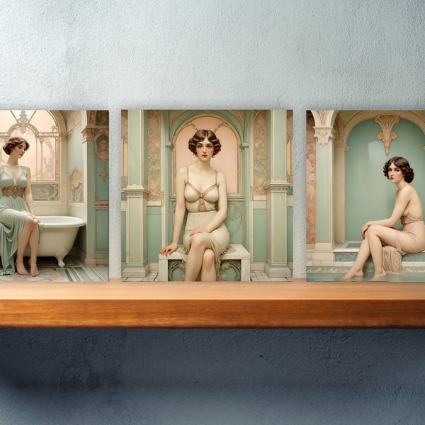 Art Nouveau Woman set of 3 Ceramic tiles,Ceramic Decor Tiles,Kitchen Backsplash Tiles, Bathroom Tiles, Botanical wall art, Art Nouveau print