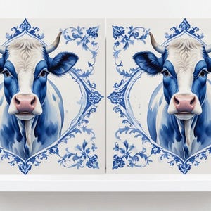 Delft Blue Tile Animal-Cow Tile -Set of 2 Ceramic Delftware Tiles-Delft Prints Countryside Wall Art,Kitchen Backsplash,Sink,Bathroom,Shower