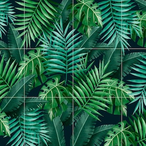 May include: A seamless pattern of tropical leaves in shades of green on a dark blue background. The leaves are arranged in a random pattern, creating a lush and vibrant design.