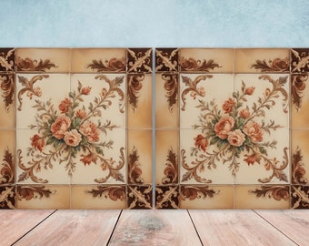 May include: Two square ceramic tiles with a floral design. The tiles are beige with brown accents and feature a bouquet of pink roses with green leaves.