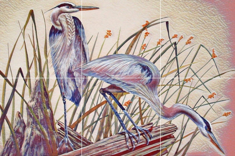 Tile Mural/mosaic Ceramic Panel of Blue Herons Birds Heron Etsy