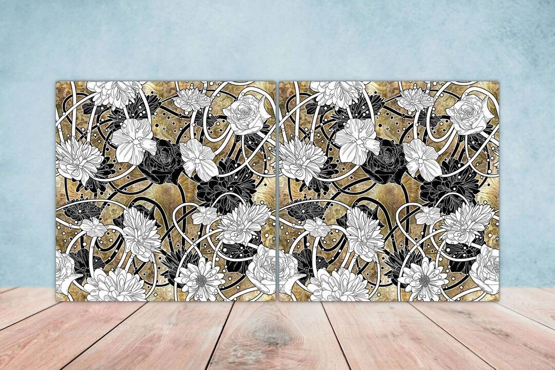 Floral Tiles Flower Design Set of 2 Flowers Wall Decor Etsy