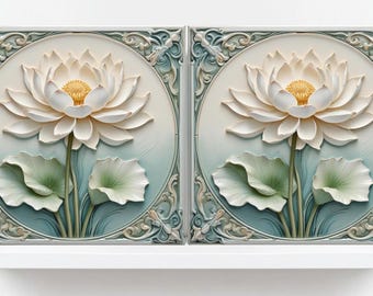 Azulejos de cerâmica com flor de lótus Art Nouveau - Conjunto de 2 azulejos decorativos de parede