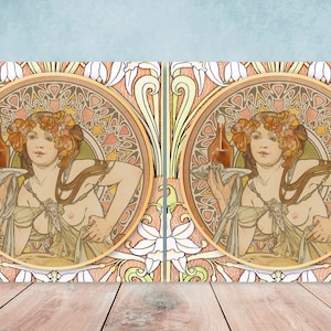 Art Nouveau Flower Ceramic tiles - Set of 2 Art Nouveau Wall Decor Tiles - Kitchen Backsplash Tiles, Table Decorative Tiles, Bathroom Tiles